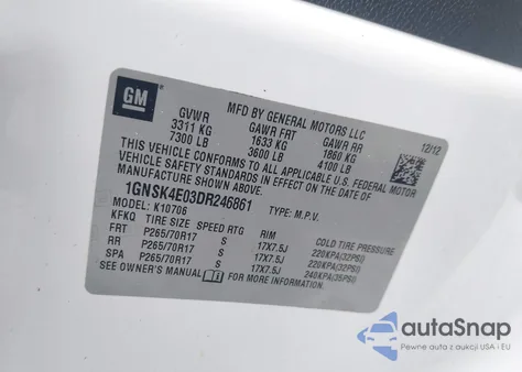 2013 Chevrolet Tahoe Commercial Fleet z USA, uszkodzony, nr VIN 1GNSK4E03DR246861